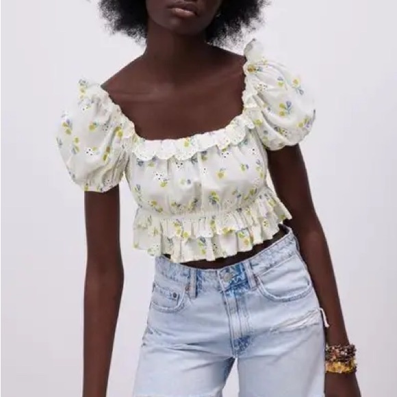 Zara Tops - ZARA Floral Eyelet Puff Sleeve Smocked Back Ruffle Crop Top Cottagecore M